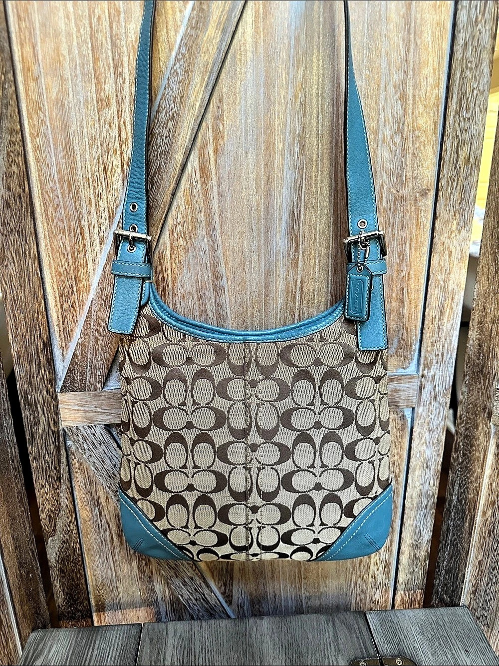 Coach Hamptons Classic Signature Hippie Crossbody Khaki Canvas Turquoise Leather